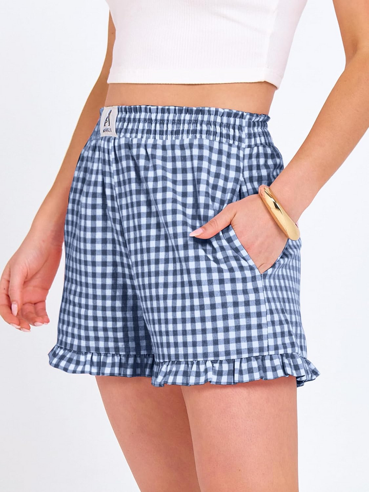 ANRABESS Womens Ruffle Boxer Shorts Pajama Gingham Shorts Summer Casual Lounge Sleep Plaid Beach Bottoms Pockets 2026 Trendy