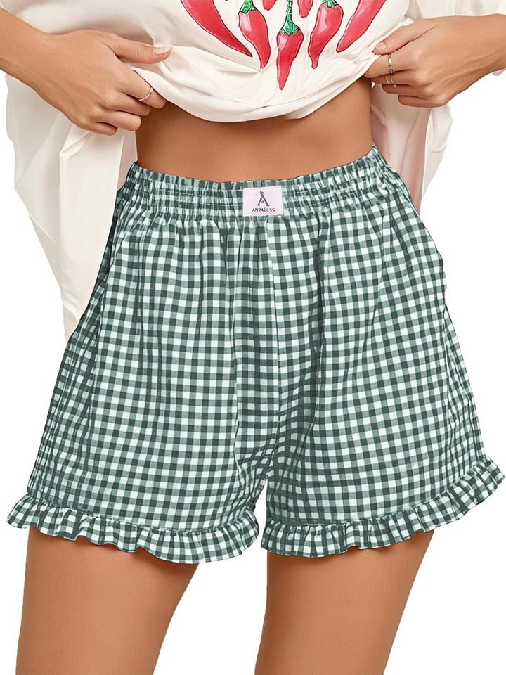 ANRABESS Womens Ruffle Boxer Shorts Pajama Gingham Shorts Summer Casual Lounge Sleep Plaid Beach Bottoms Pockets 2026 Trendy