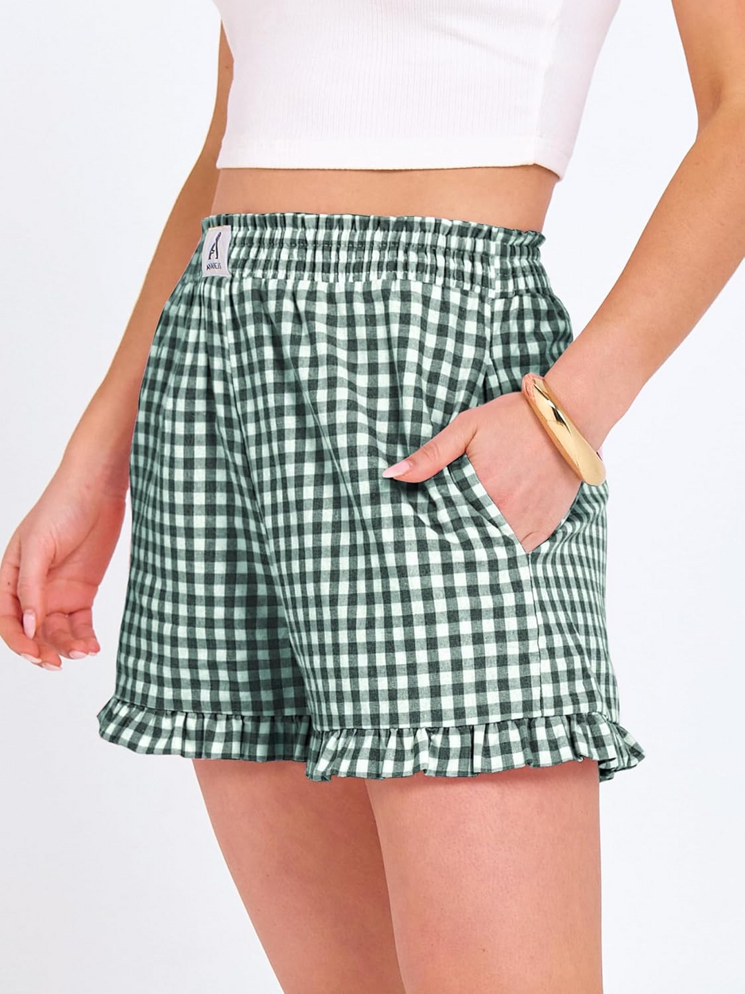 ANRABESS Womens Ruffle Boxer Shorts Pajama Gingham Shorts Summer Casual Lounge Sleep Plaid Beach Bottoms Pockets 2026 Trendy