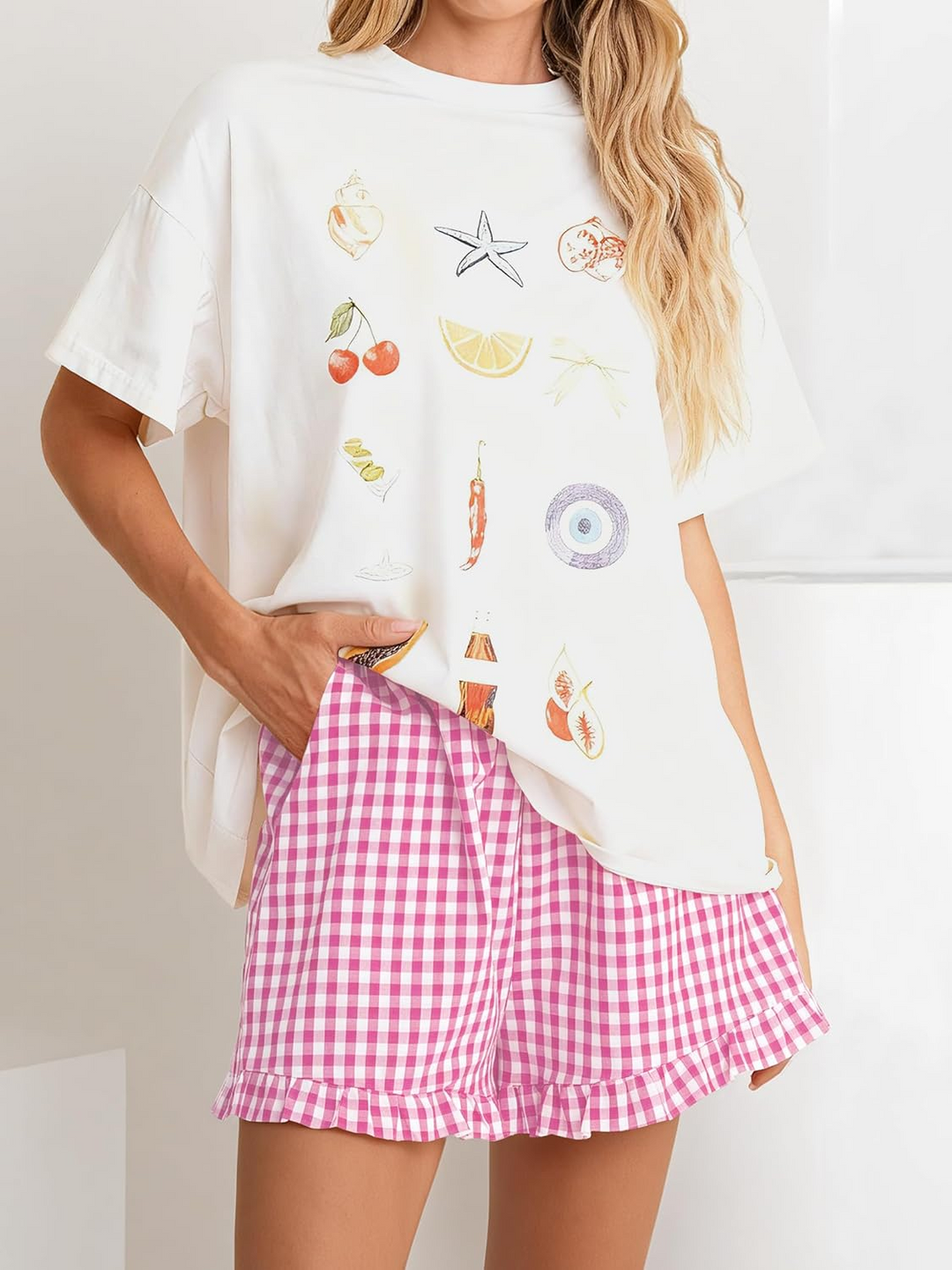 ANRABESS Womens Ruffle Boxer Shorts Pajama Gingham Shorts Summer Casual Lounge Sleep Plaid Beach Bottoms Pockets 2026 Trendy