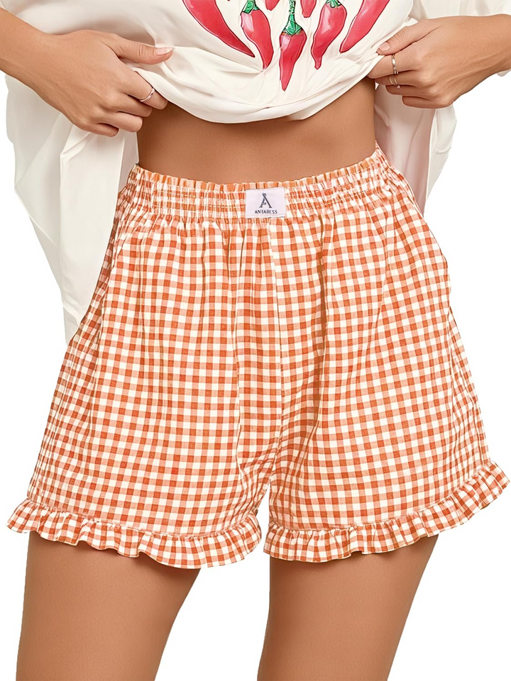 ANRABESS Womens Ruffle Boxer Shorts Pajama Gingham Shorts Summer Casual Lounge Sleep Plaid Beach Bottoms Pockets 2026 Trendy