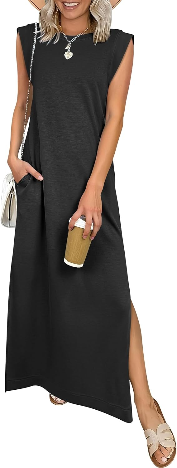 ANRABESS Summer Casual Sleeveless Maxi Dress for Women Crewneck Loose Split Wrinkle-Free Travel Vacation Long Dress Beach Sundress with Pockets