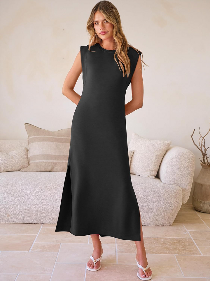 ANRABESS Summer Casual Sleeveless Maxi Dress for Women Crewneck Loose Split Wrinkle-Free Travel Vacation Long Dress Beach Sundress with Pockets