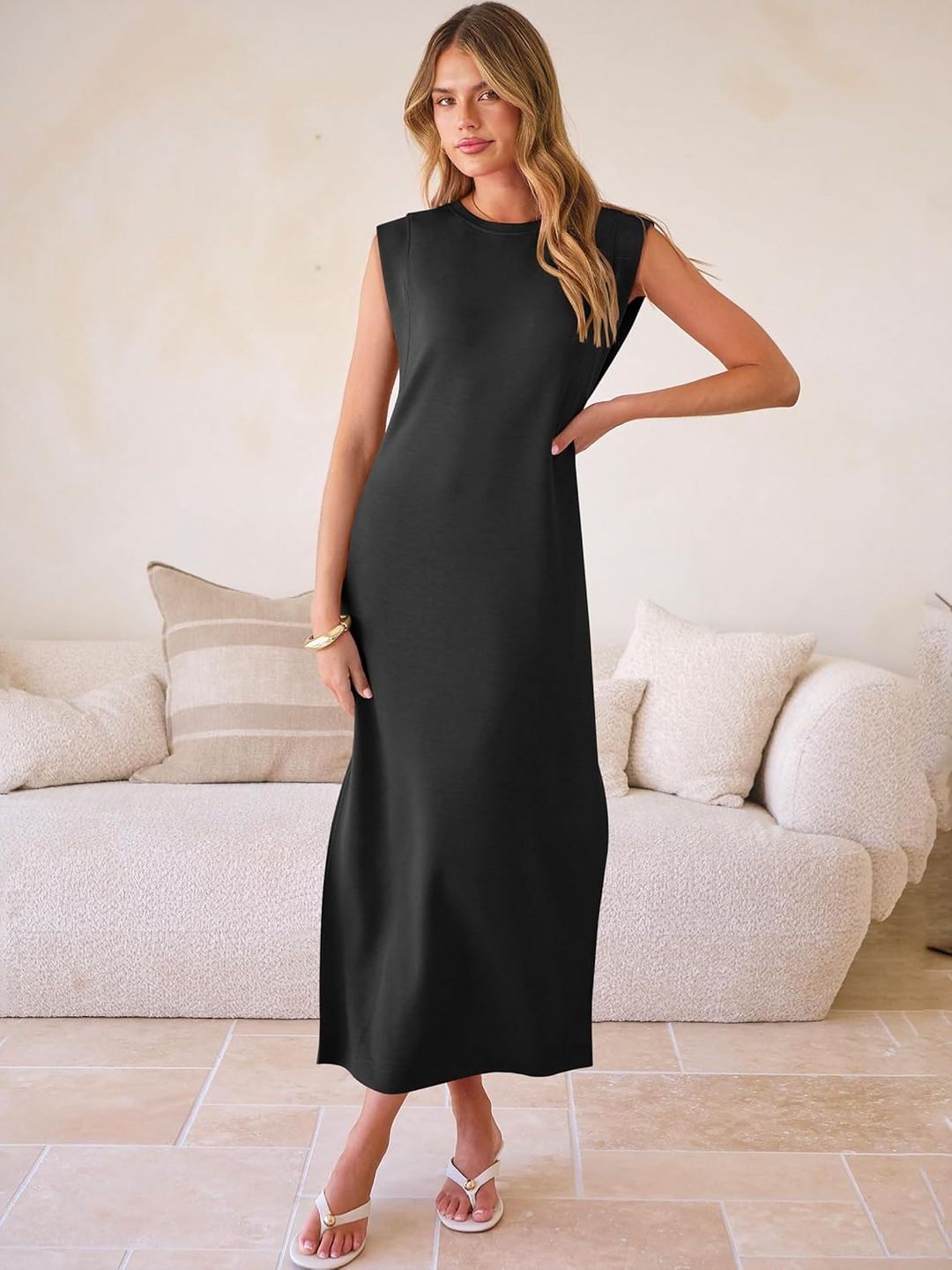 ANRABESS Summer Casual Sleeveless Maxi Dress for Women Crewneck Loose Split Wrinkle-Free Travel Vacation Long Dress Beach Sundress with Pockets