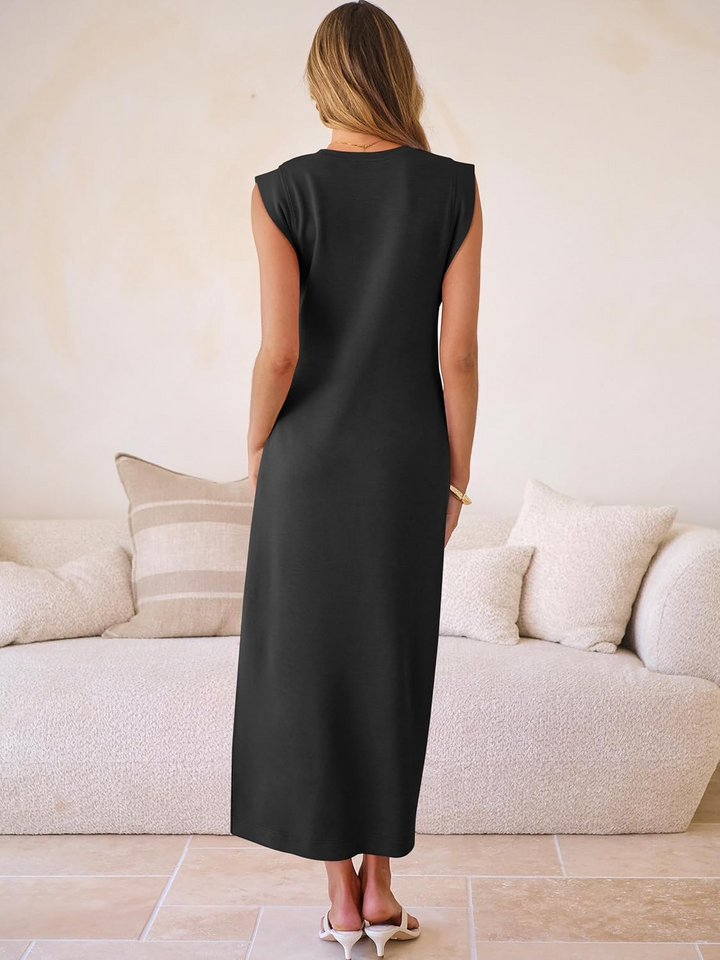 ANRABESS Summer Casual Sleeveless Maxi Dress for Women Crewneck Loose Split Wrinkle-Free Travel Vacation Long Dress Beach Sundress with Pockets