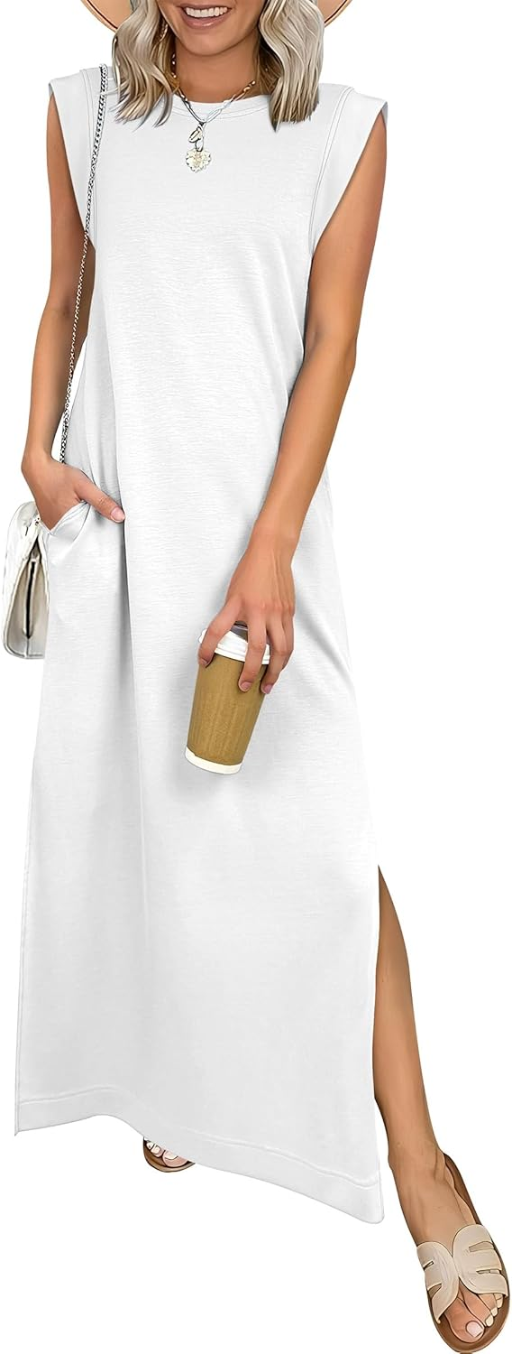 ANRABESS Summer Casual Sleeveless Maxi Dress for Women Crewneck Loose Split Wrinkle-Free Travel Vacation Long Dress Beach Sundress with Pockets