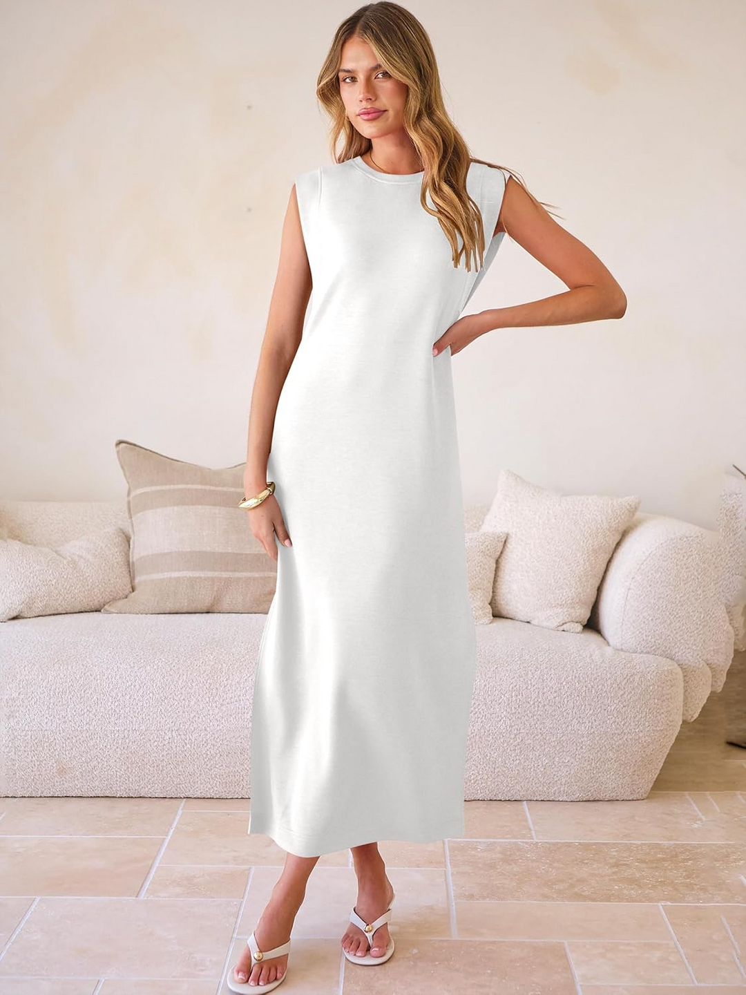 ANRABESS Summer Casual Sleeveless Maxi Dress for Women Crewneck Loose Split Wrinkle-Free Travel Vacation Long Dress Beach Sundress with Pockets