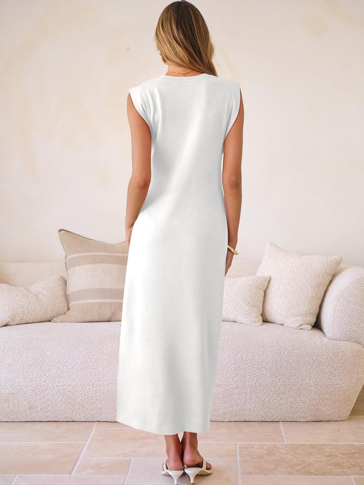 ANRABESS Summer Casual Sleeveless Maxi Dress for Women Crewneck Loose Split Wrinkle-Free Travel Vacation Long Dress Beach Sundress with Pockets