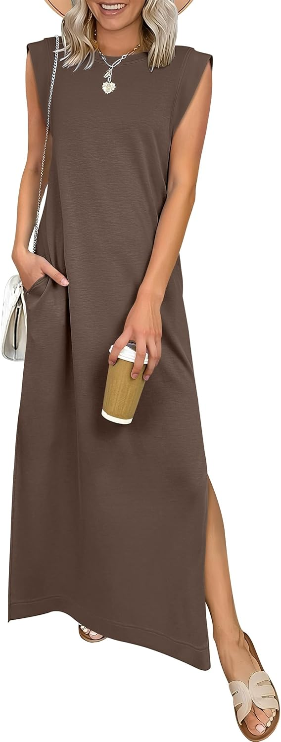 ANRABESS Summer Casual Sleeveless Maxi Dress for Women Crewneck Loose Split Wrinkle-Free Travel Vacation Long Dress Beach Sundress with Pockets
