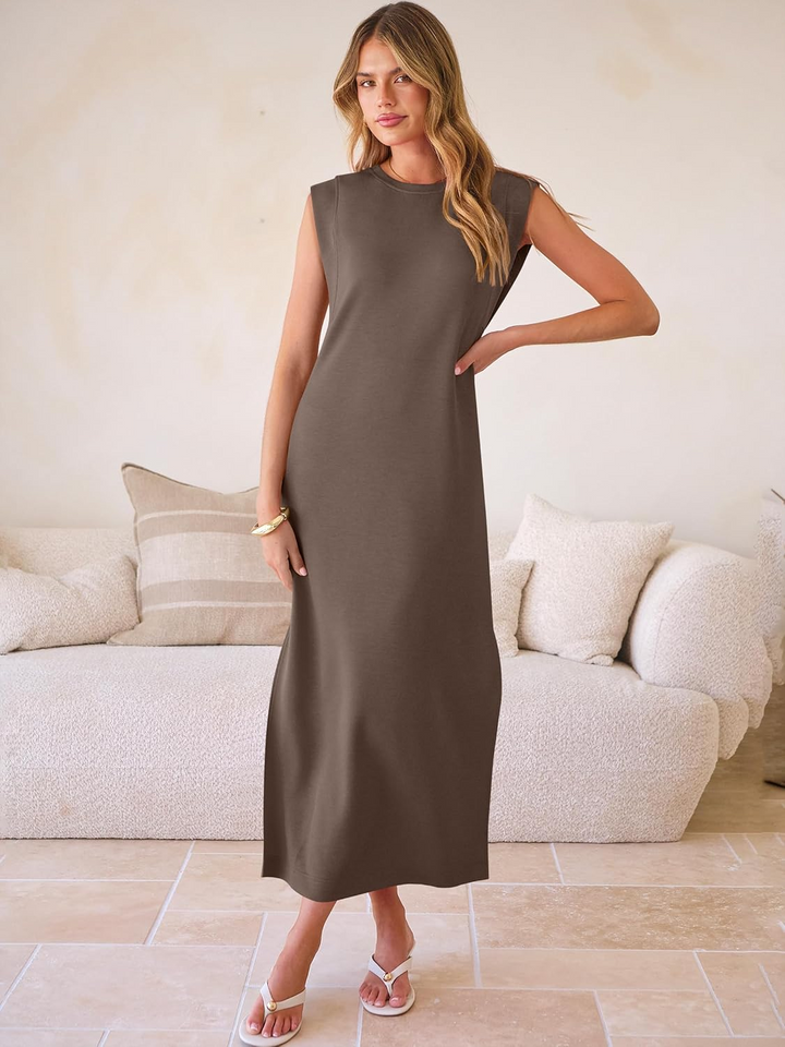 ANRABESS Summer Casual Sleeveless Maxi Dress for Women Crewneck Loose Split Wrinkle-Free Travel Vacation Long Dress Beach Sundress with Pockets