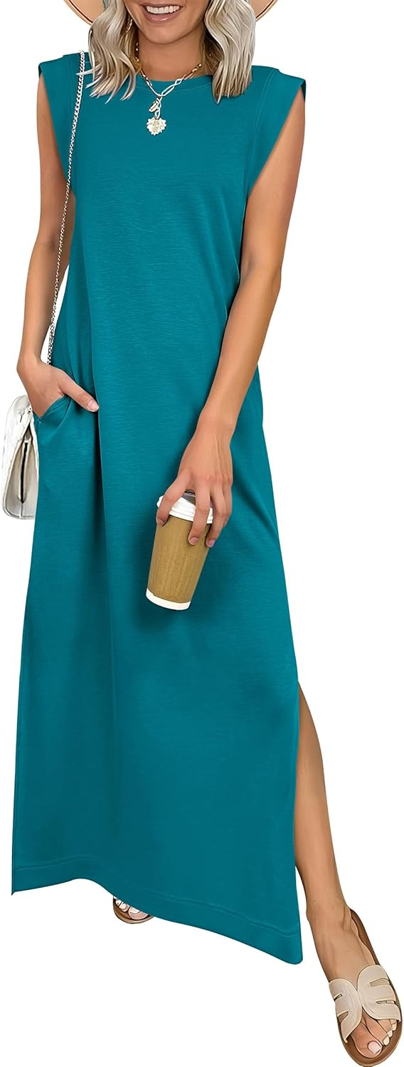 ANRABESS Summer Casual Sleeveless Maxi Dress for Women Crewneck Loose Split Wrinkle-Free Travel Vacation Long Dress Beach Sundress with Pockets