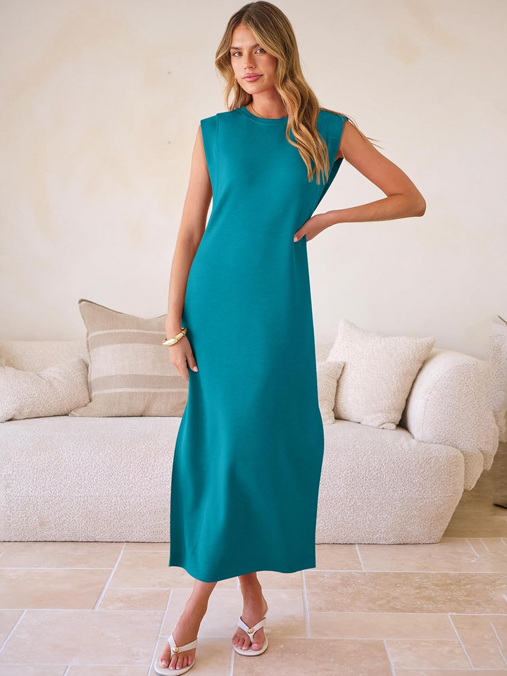 ANRABESS Summer Casual Sleeveless Maxi Dress for Women Crewneck Loose Split Wrinkle-Free Travel Vacation Long Dress Beach Sundress with Pockets