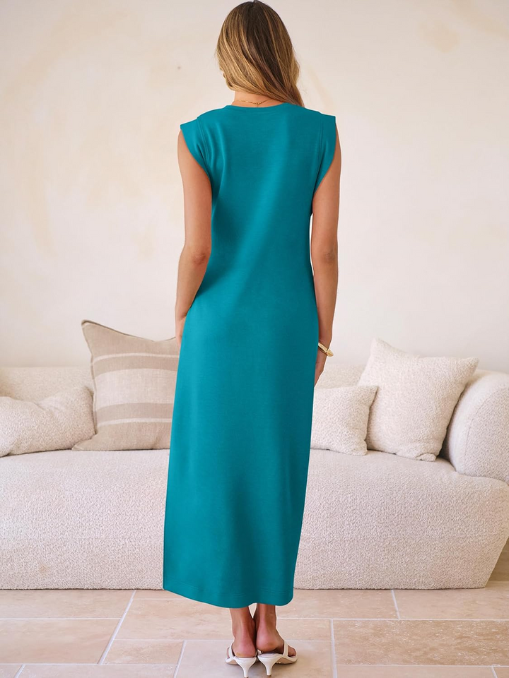 ANRABESS Summer Casual Sleeveless Maxi Dress for Women Crewneck Loose Split Wrinkle-Free Travel Vacation Long Dress Beach Sundress with Pockets