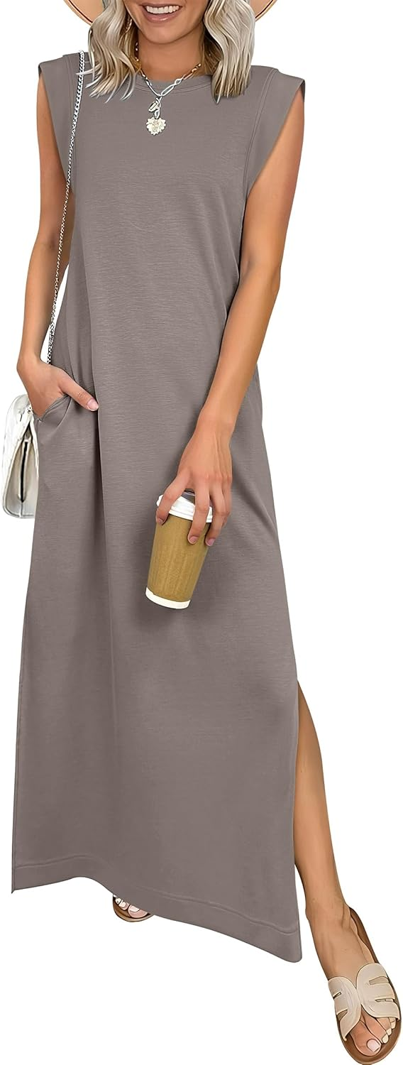 ANRABESS Summer Casual Sleeveless Maxi Dress for Women Crewneck Loose Split Wrinkle-Free Travel Vacation Long Dress Beach Sundress with Pockets