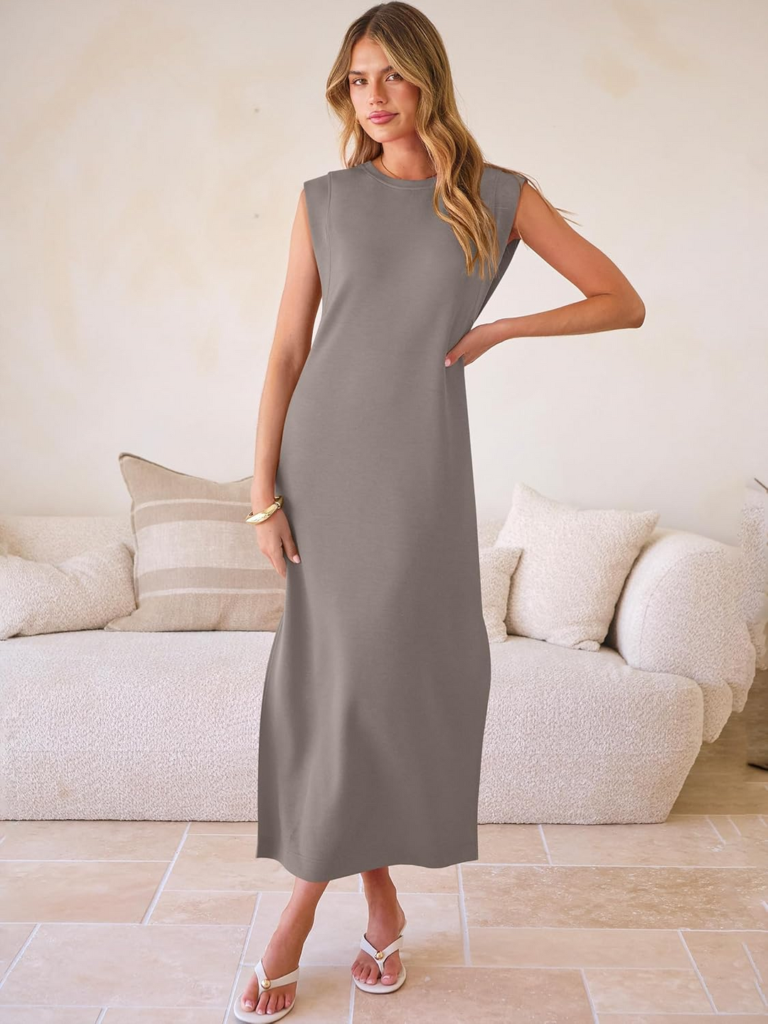 ANRABESS Summer Casual Sleeveless Maxi Dress for Women Crewneck Loose Split Wrinkle-Free Travel Vacation Long Dress Beach Sundress with Pockets