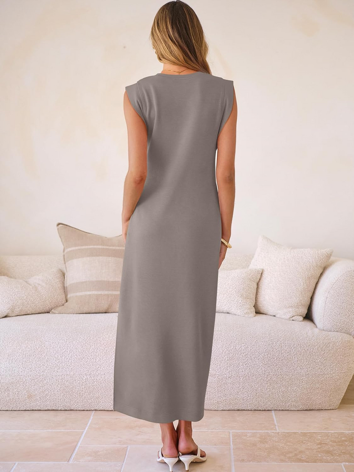 ANRABESS Summer Casual Sleeveless Maxi Dress for Women Crewneck Loose Split Wrinkle-Free Travel Vacation Long Dress Beach Sundress with Pockets