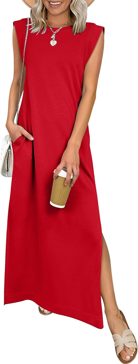 ANRABESS Summer Casual Sleeveless Maxi Dress for Women Crewneck Loose Split Wrinkle-Free Travel Vacation Long Dress Beach Sundress with Pockets