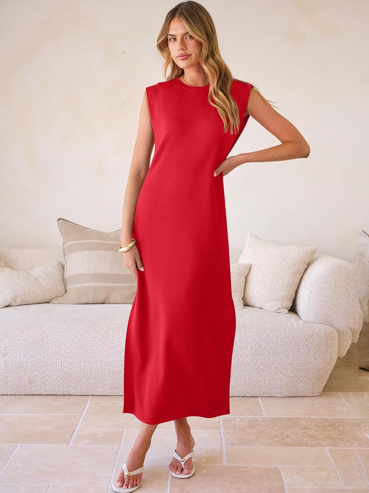 ANRABESS Summer Casual Sleeveless Maxi Dress for Women Crewneck Loose Split Wrinkle-Free Travel Vacation Long Dress Beach Sundress with Pockets