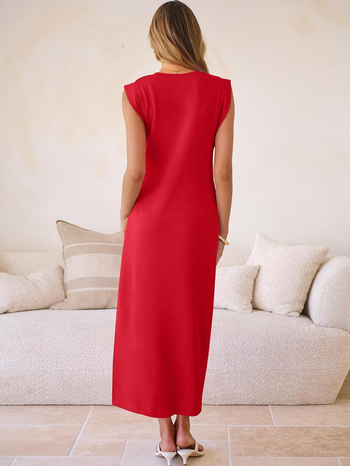 ANRABESS Summer Casual Sleeveless Maxi Dress for Women Crewneck Loose Split Wrinkle-Free Travel Vacation Long Dress Beach Sundress with Pockets