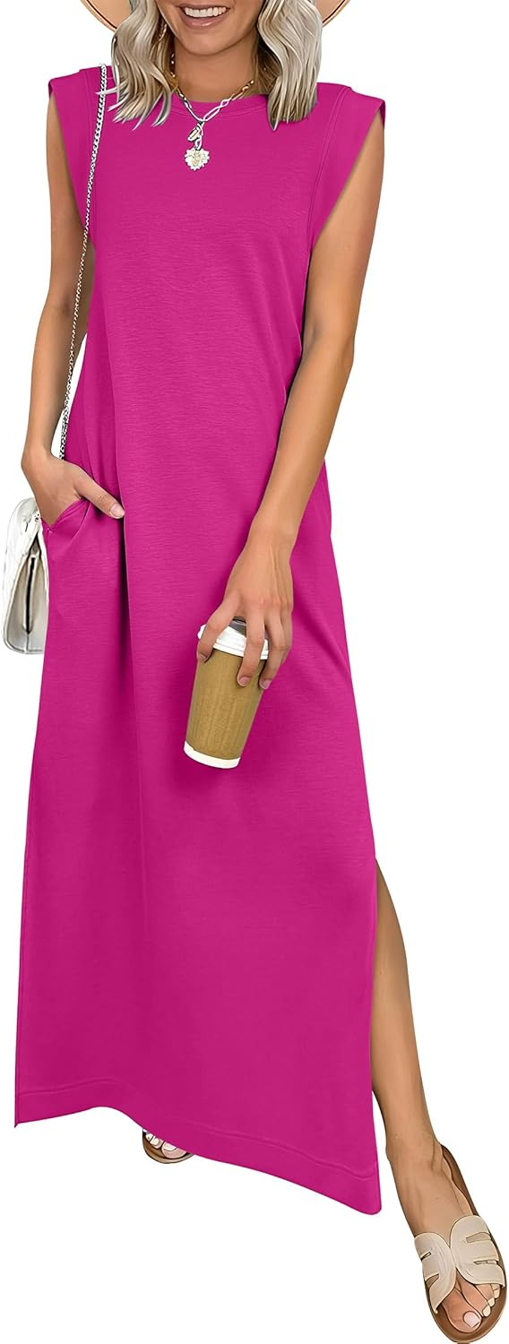 ANRABESS Summer Casual Sleeveless Maxi Dress for Women Crewneck Loose Split Wrinkle-Free Travel Vacation Long Dress Beach Sundress with Pockets