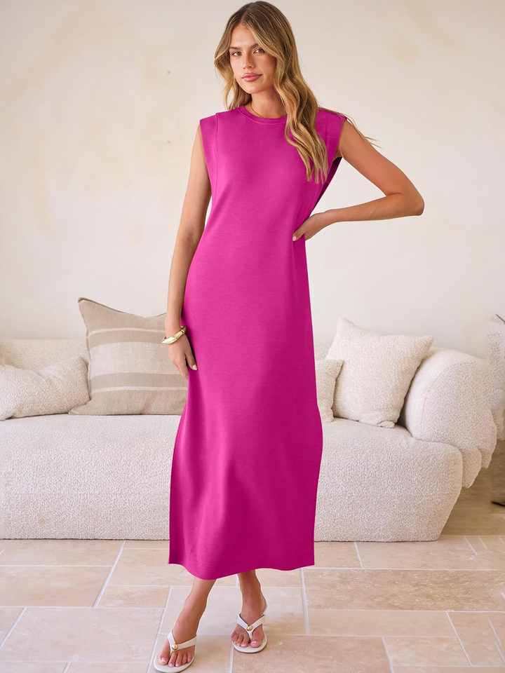 ANRABESS Summer Casual Sleeveless Maxi Dress for Women Crewneck Loose Split Wrinkle-Free Travel Vacation Long Dress Beach Sundress with Pockets