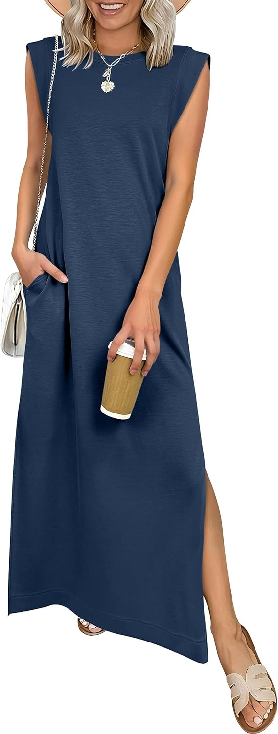 ANRABESS Summer Casual Sleeveless Maxi Dress for Women Crewneck Loose Split Wrinkle-Free Travel Vacation Long Dress Beach Sundress with Pockets