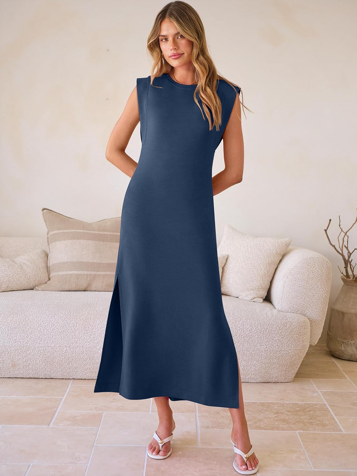 ANRABESS Summer Casual Sleeveless Maxi Dress for Women Crewneck Loose Split Wrinkle-Free Travel Vacation Long Dress Beach Sundress with Pockets