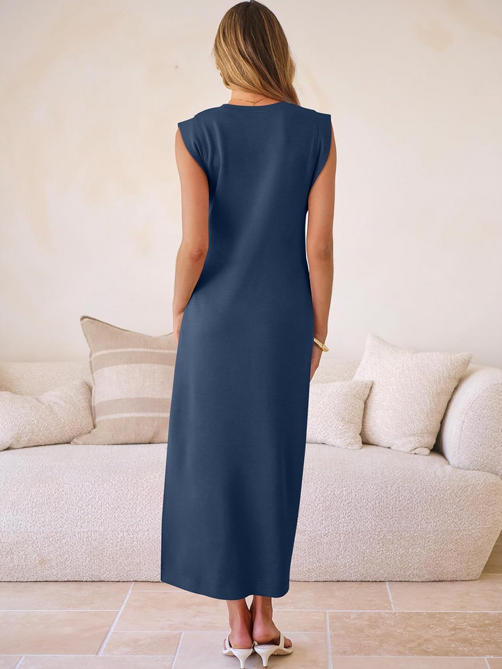 ANRABESS Summer Casual Sleeveless Maxi Dress for Women Crewneck Loose Split Wrinkle-Free Travel Vacation Long Dress Beach Sundress with Pockets