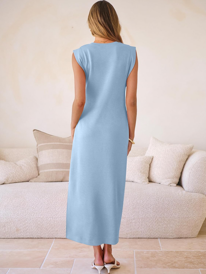ANRABESS Summer Casual Sleeveless Maxi Dress for Women Crewneck Loose Split Wrinkle-Free Travel Vacation Long Dress Beach Sundress with Pockets