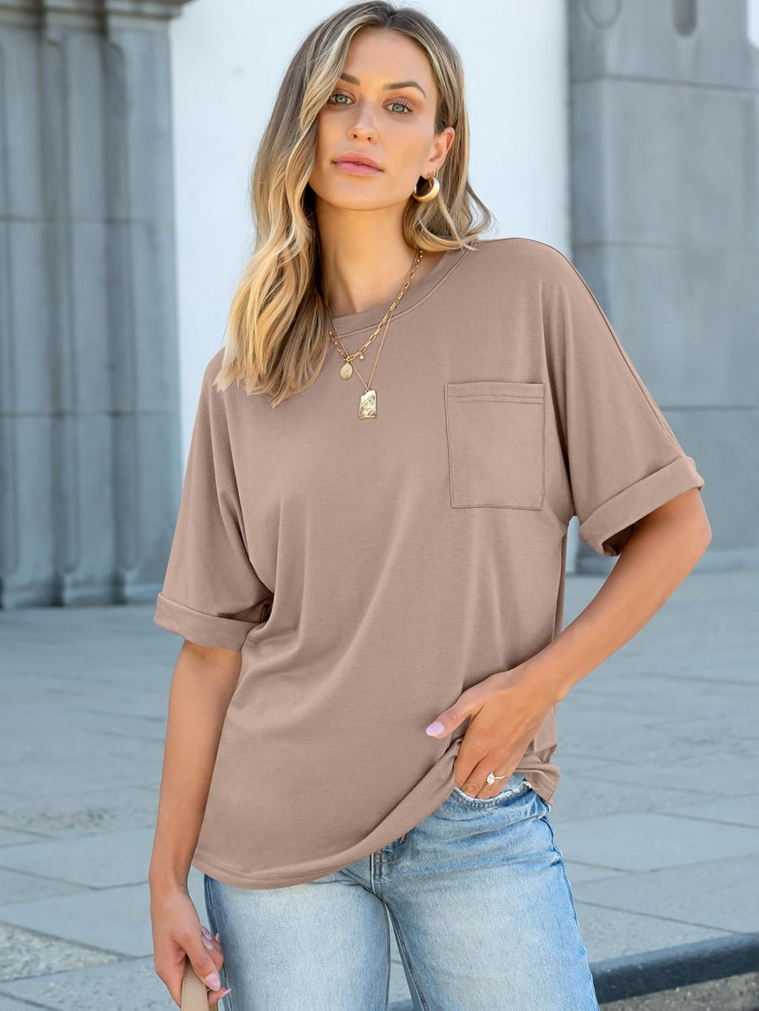 ANRABESS Oversized T Shirts for Women Short Sleeve Crewneck Basic Tee Loose Casual Summer Top with Pocket