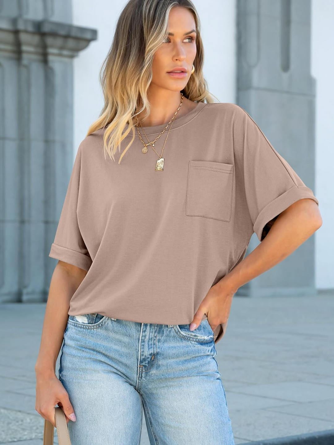 ANRABESS Oversized T Shirts for Women Short Sleeve Crewneck Basic Tee Loose Casual Summer Top with Pocket