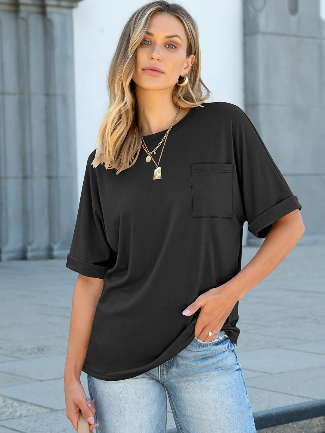 ANRABESS Oversized T Shirts for Women Short Sleeve Crewneck Basic Tee Loose Casual Summer Top with Pocket
