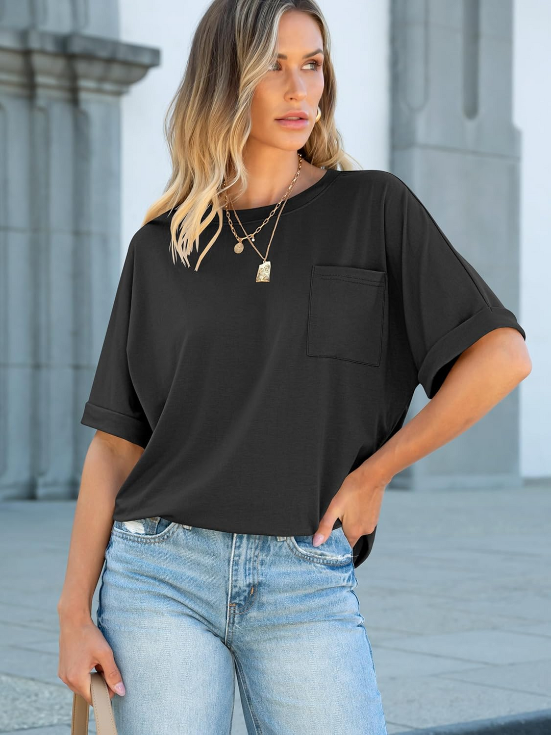 ANRABESS Oversized T Shirts for Women Short Sleeve Crewneck Basic Tee Loose Casual Summer Top with Pocket