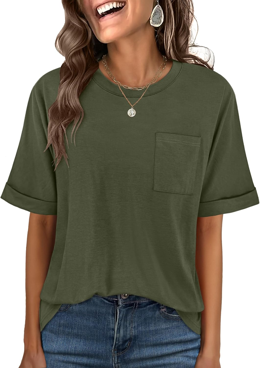 ANRABESS Oversized T Shirts for Women Short Sleeve Crewneck Basic Tee Loose Casual Summer Top with Pocket