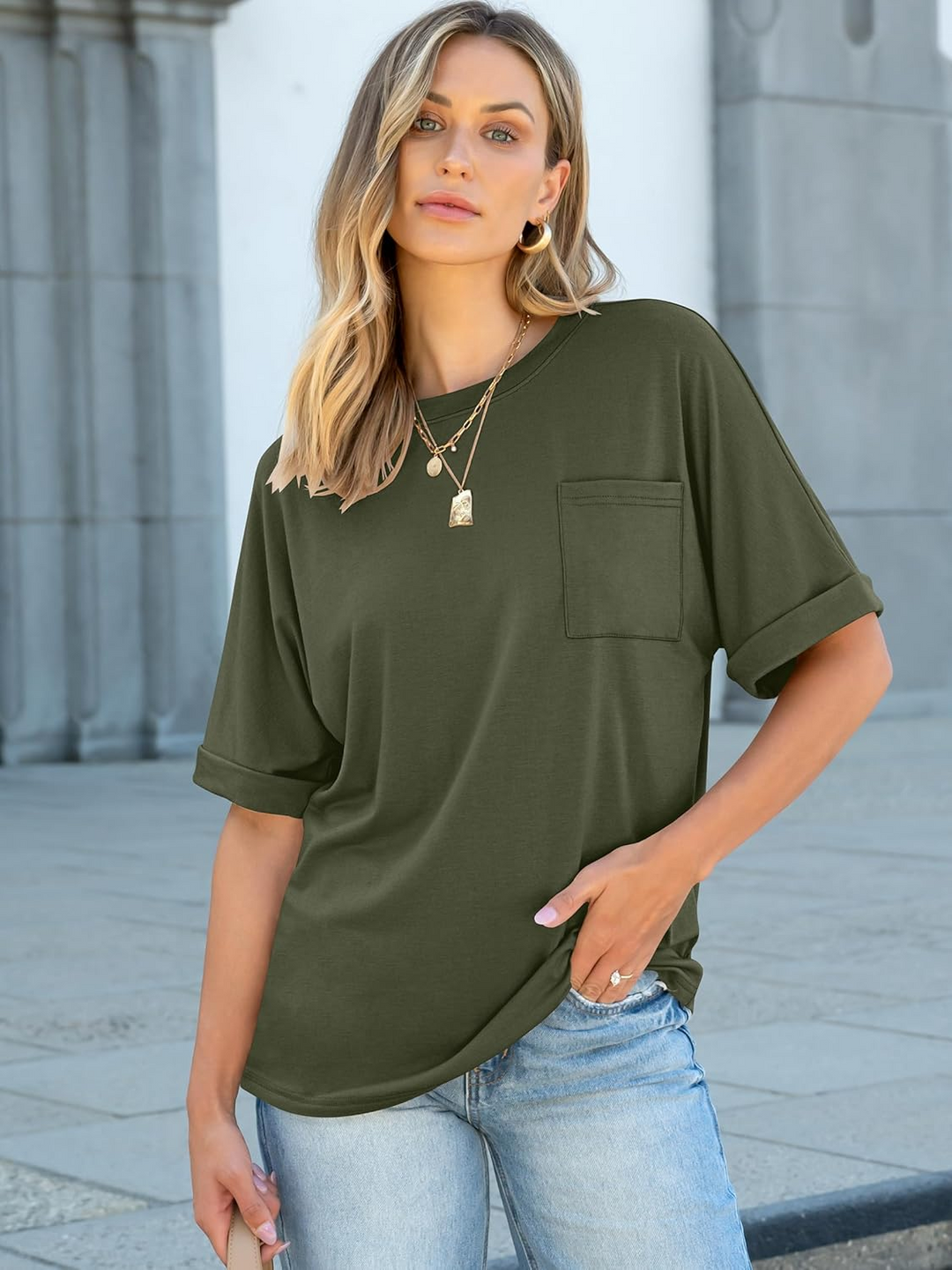 ANRABESS Oversized T Shirts for Women Short Sleeve Crewneck Basic Tee Loose Casual Summer Top with Pocket