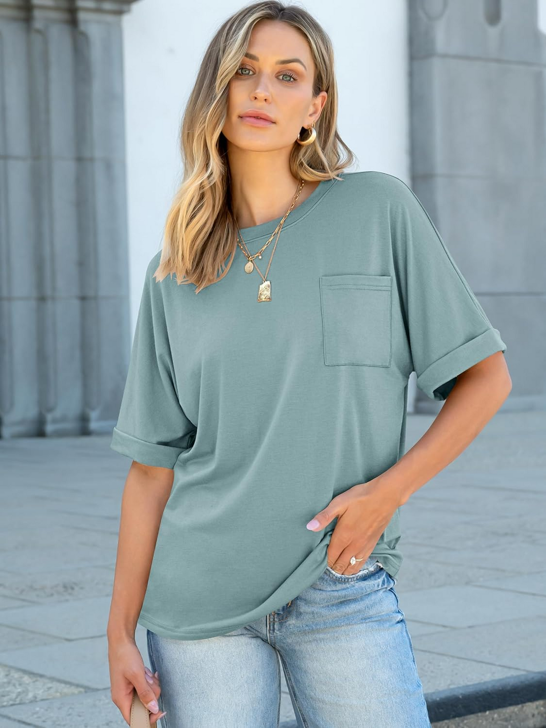 ANRABESS Oversized T Shirts for Women Short Sleeve Crewneck Basic Tee Loose Casual Summer Top with Pocket