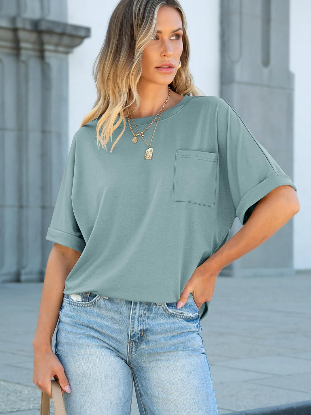 ANRABESS Oversized T Shirts for Women Short Sleeve Crewneck Basic Tee Loose Casual Summer Top with Pocket