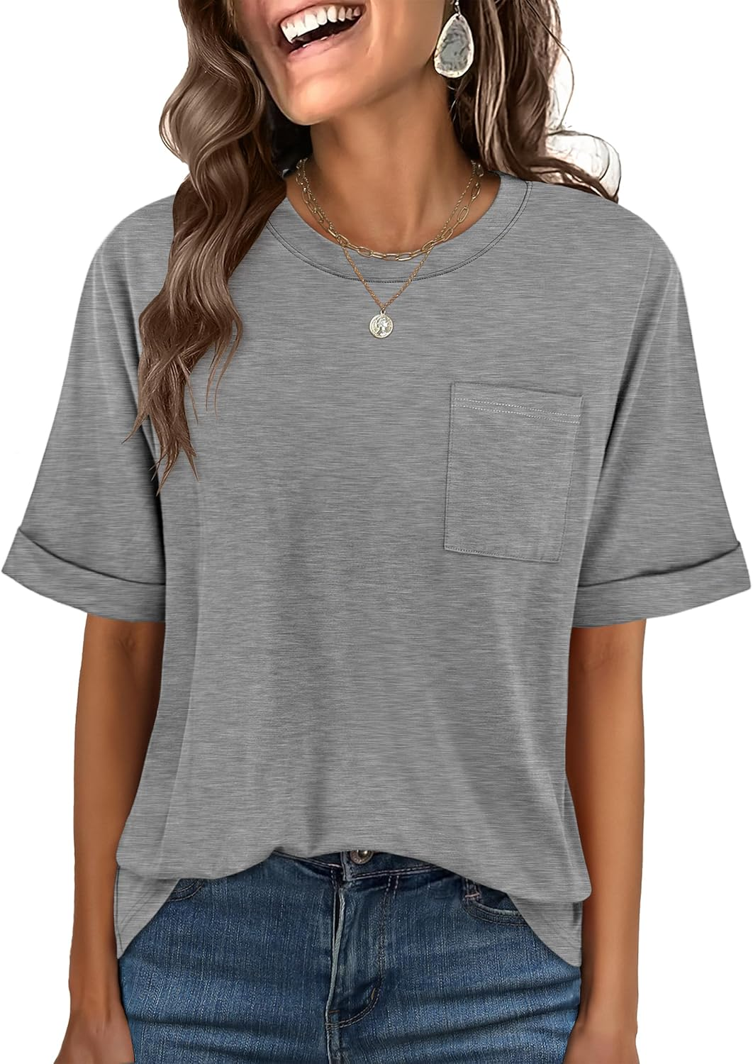 ANRABESS Oversized T Shirts for Women Short Sleeve Crewneck Basic Tee Loose Casual Summer Top with Pocket