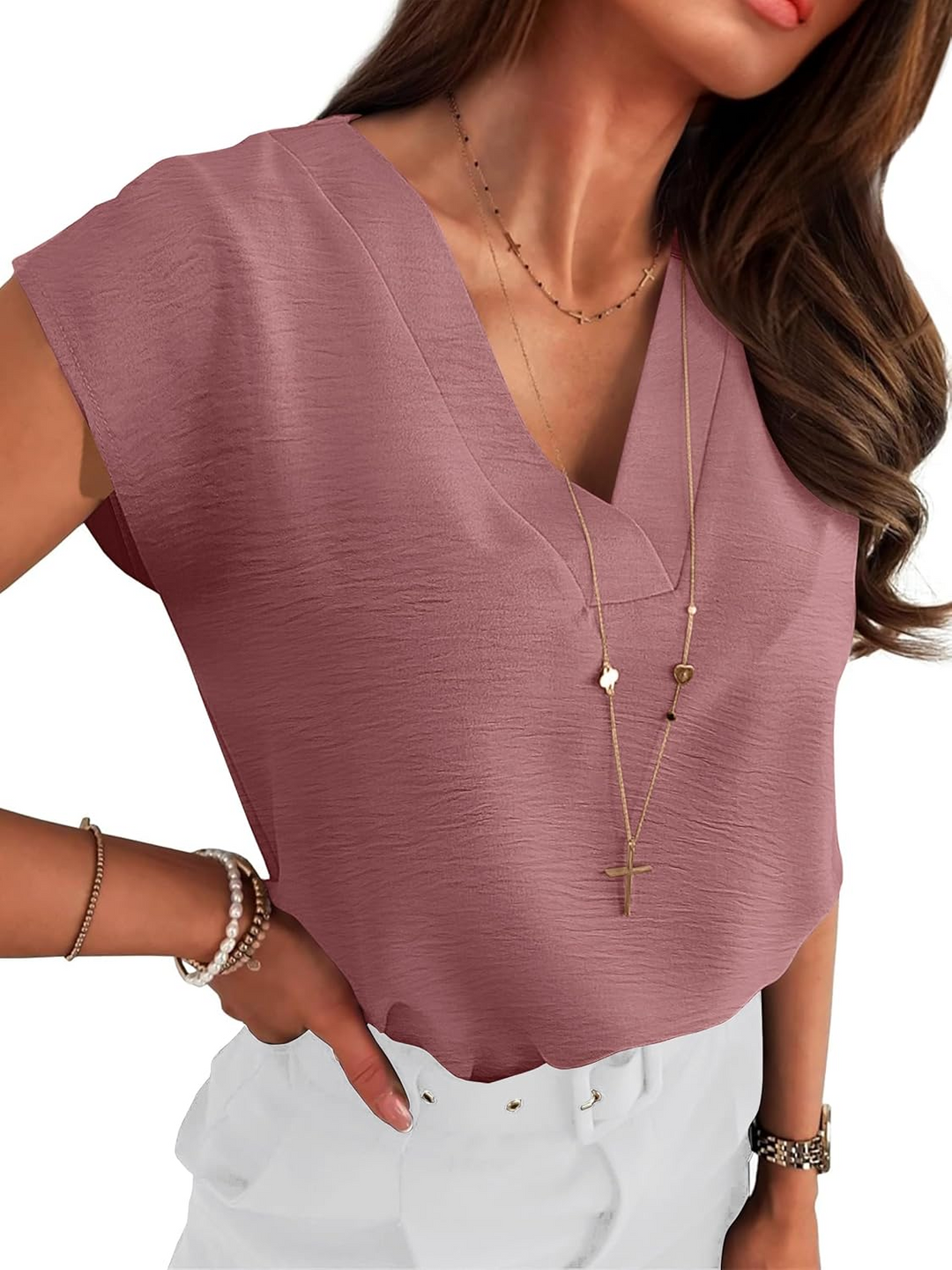 ANRABESS Women Tops V Neck T Shirts Cap Sleeve Business Casual Tops for Women Summer Loose Fit Dressy Work Office Blouses Cute Clothes Trendy Outfits