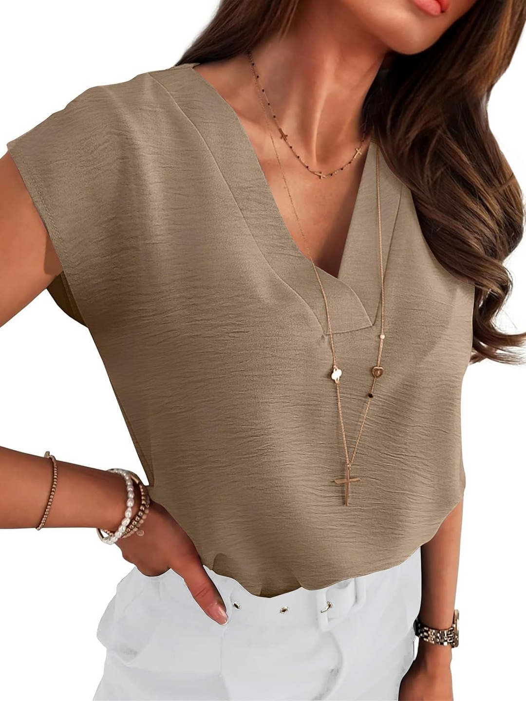 ANRABESS Women Tops V Neck T Shirts Cap Sleeve Business Casual Tops for Women Summer Loose Fit Dressy Work Office Blouses Cute Clothes Trendy Outfits