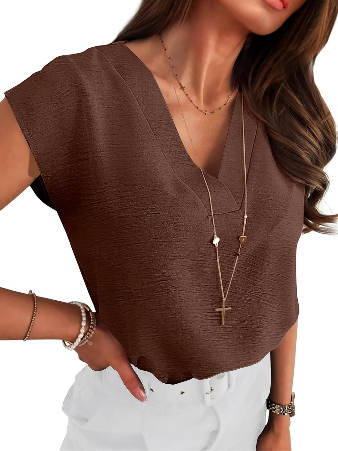 ANRABESS Women Tops V Neck T Shirts Cap Sleeve Business Casual Tops for Women Summer Loose Fit Dressy Work Office Blouses Cute Clothes Trendy Outfits