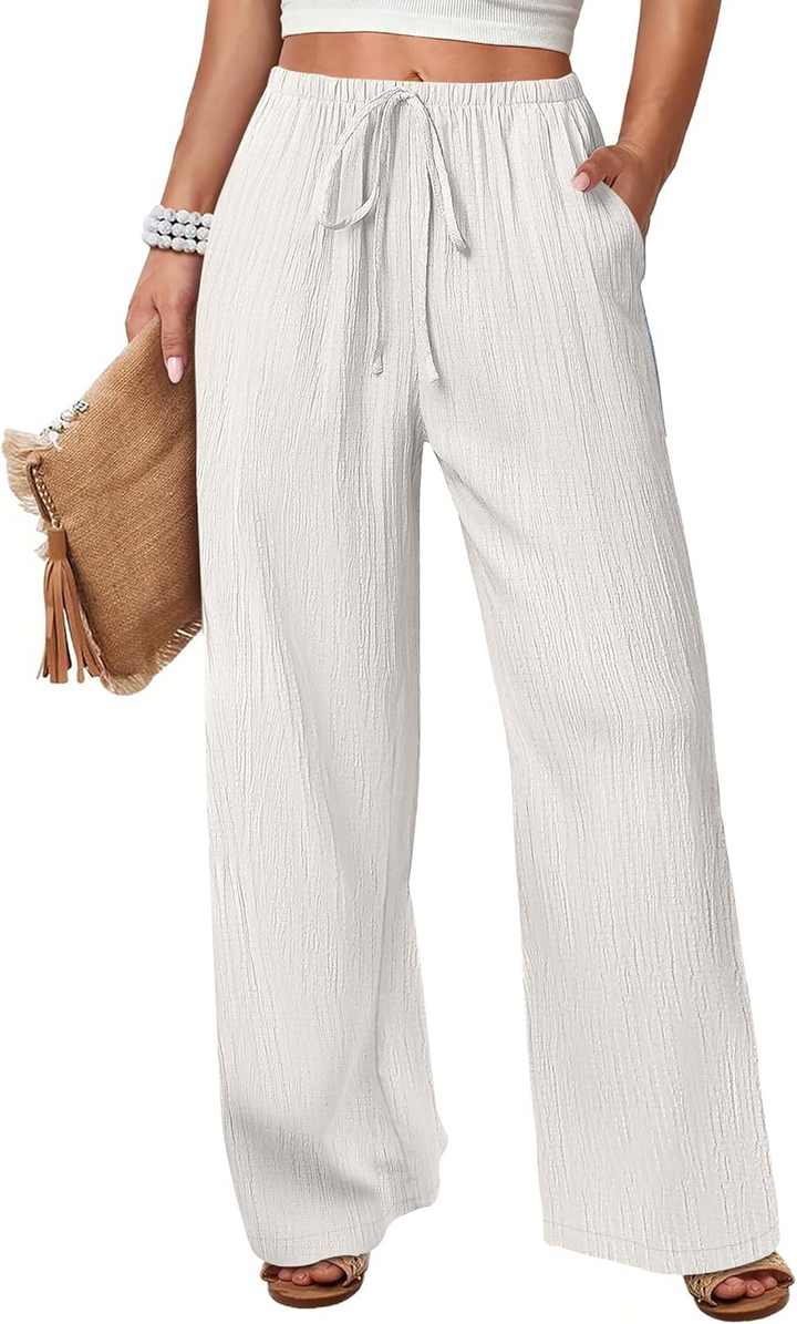 ANRABESS Womens Casual Wide Leg Pants Elastic Waist Drawstring Lightweight Flowy Beach Palazzo Pants with Pockets
