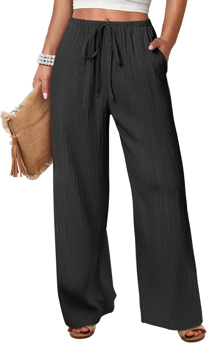 ANRABESS Womens Casual Wide Leg Pants Elastic Waist Drawstring Lightweight Flowy Beach Palazzo Pants with Pockets