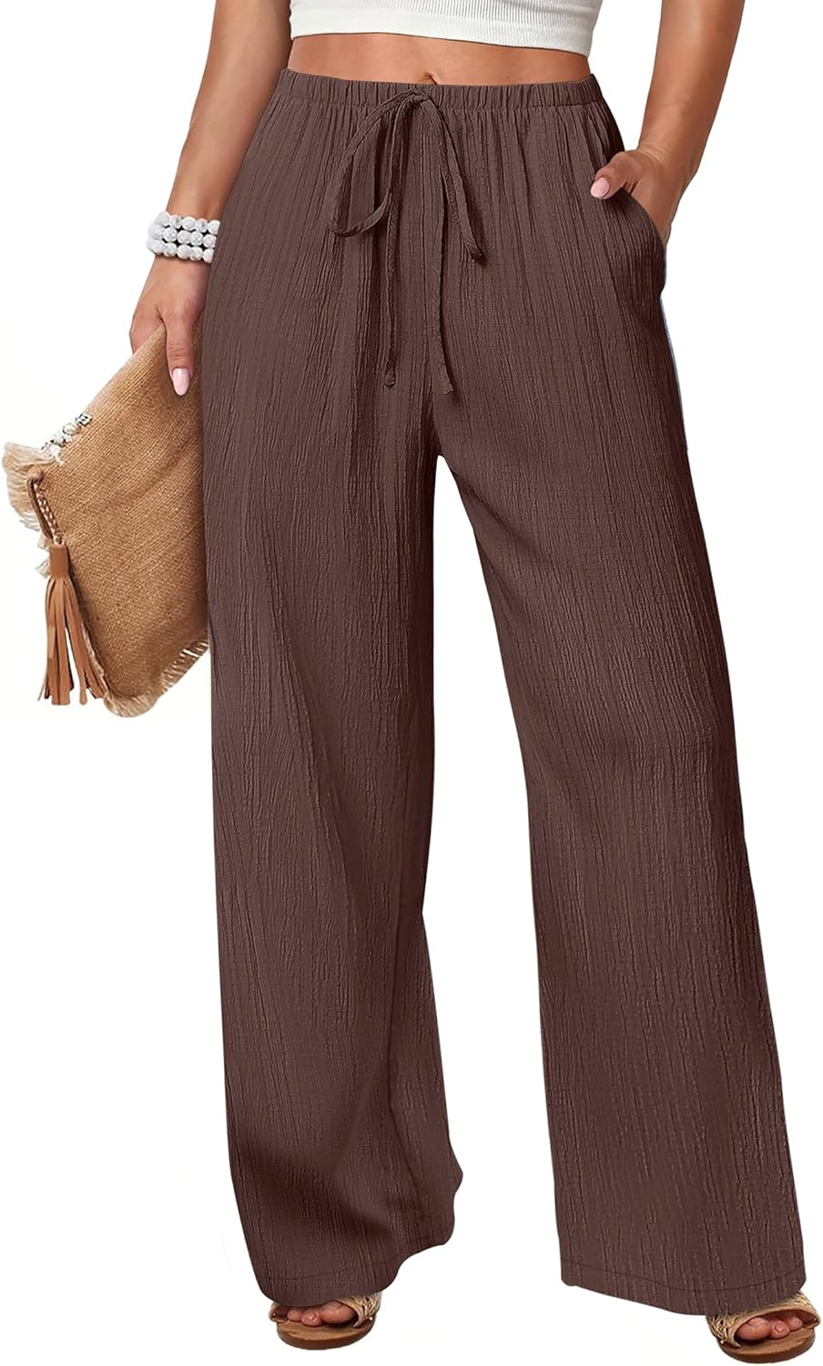 ANRABESS Womens Casual Wide Leg Pants Elastic Waist Drawstring Lightweight Flowy Beach Palazzo Pants with Pockets