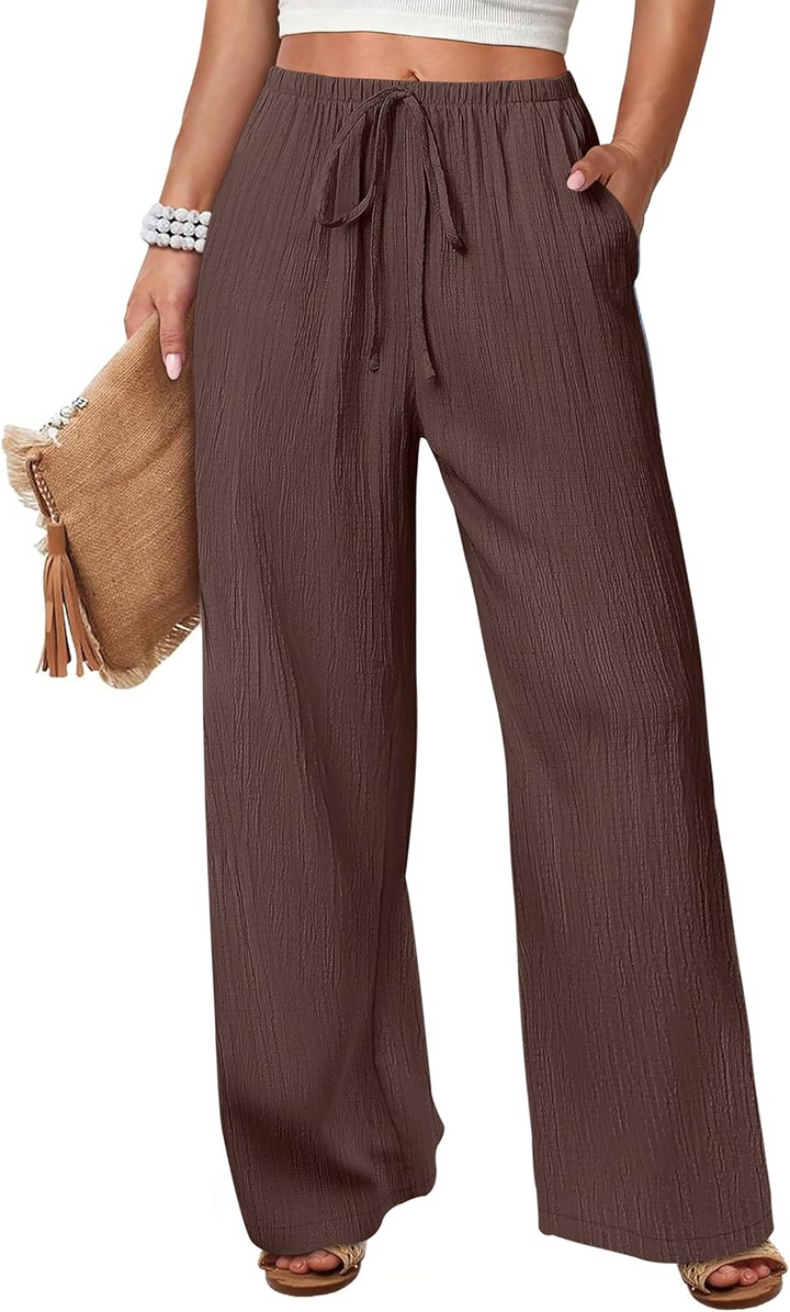 ANRABESS Womens Casual Wide Leg Pants Elastic Waist Drawstring Lightweight Flowy Beach Palazzo Pants with Pockets