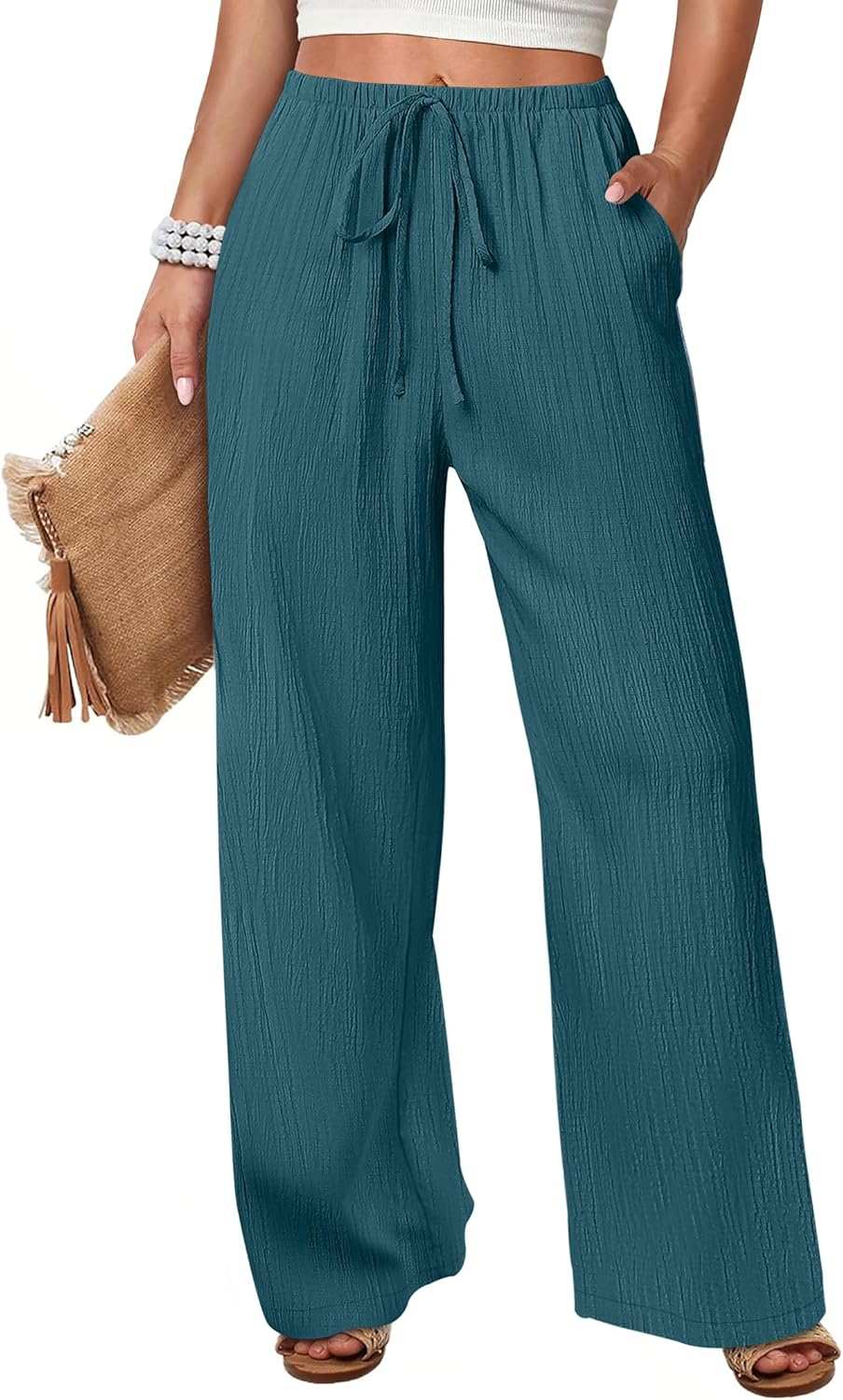 ANRABESS Womens Casual Wide Leg Pants Elastic Waist Drawstring Lightweight Flowy Beach Palazzo Pants with Pockets