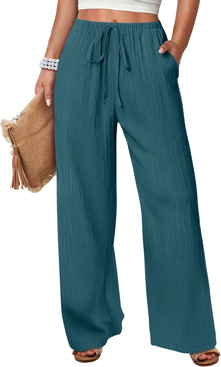 ANRABESS Womens Casual Wide Leg Pants Elastic Waist Drawstring Lightweight Flowy Beach Palazzo Pants with Pockets