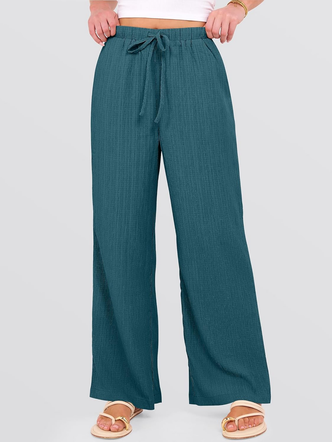 ANRABESS Womens Casual Wide Leg Pants Elastic Waist Drawstring Lightweight Flowy Beach Palazzo Pants with Pockets