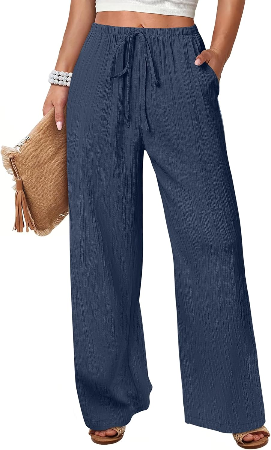 ANRABESS Womens Casual Wide Leg Pants Elastic Waist Drawstring Lightweight Flowy Beach Palazzo Pants with Pockets