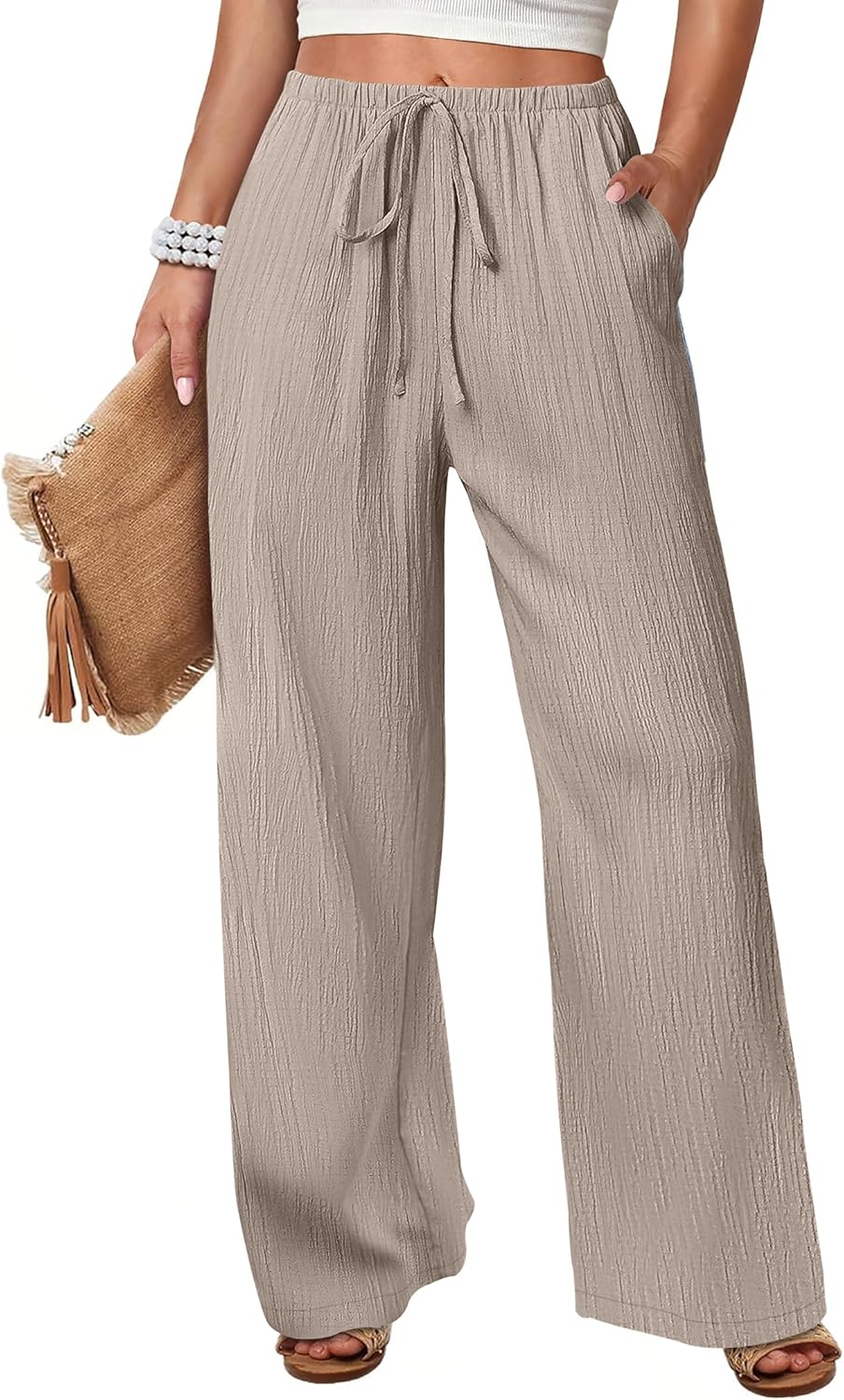 ANRABESS Womens Casual Wide Leg Pants Elastic Waist Drawstring Lightweight Flowy Beach Palazzo Pants with Pockets